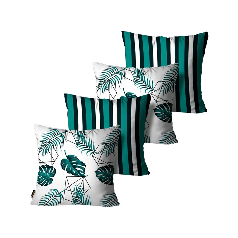 Kit com 4 Capas para Almofadas Folhas Branco e Verde